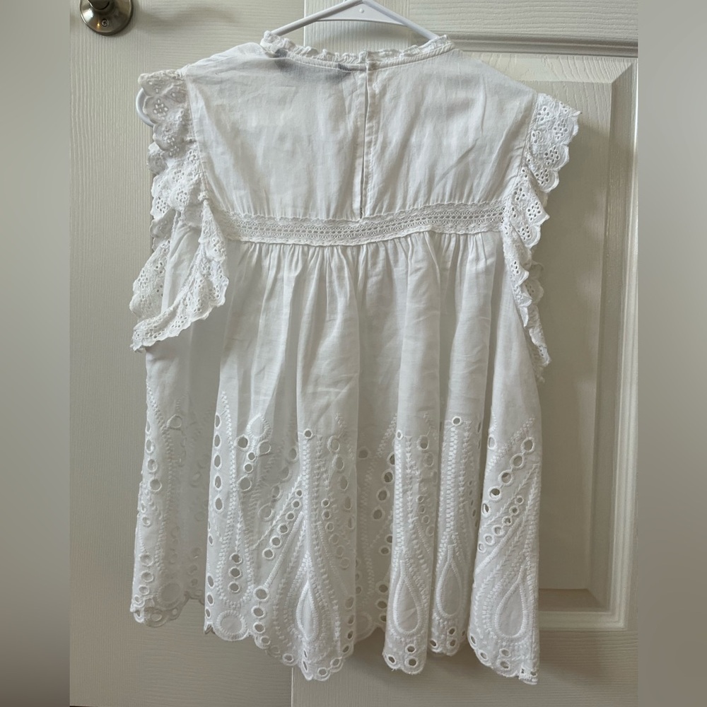 🤍 Zara White Eyelet Lace Ruffle Sleeve Boho Blouse Sz M EUC - Picture 6 of 6